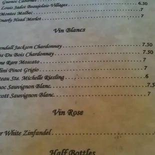 Part of the wine list.