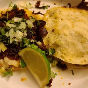 Chorizo taco and pollo "quesadilla"