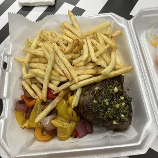 Sirloin Steak, Singaporean Singapore Style Fries, Grilled Veggies