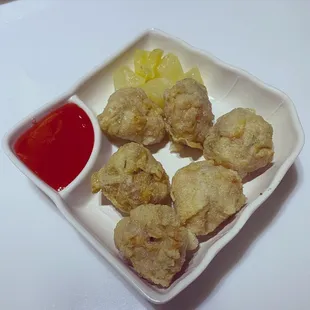 a plate of fried food with a side of ketchup