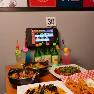 plates of food on a wooden table