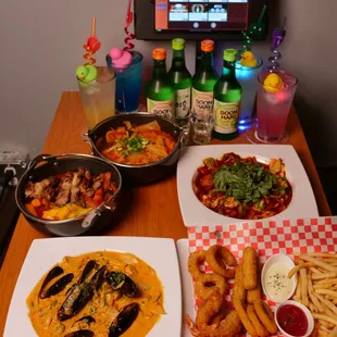a variety of food items on a table