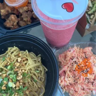 (Kids) Peanut Butter Noodles (v) Popcorn Chicken Kani Salad Create Your Own Stir Fry (v)(gf) Strawberry Smoothie
