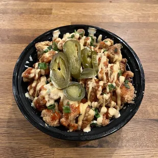 Chicken Rice Bowl with Added Jalapeños and Siracha Mayo