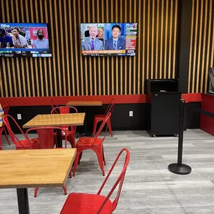 red chairs and tables in a restaurant