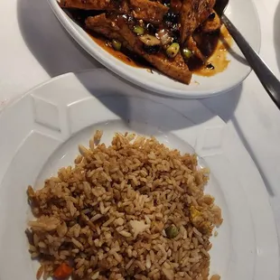 spicy pot of gold - fried tofu sauteed in black bean sauce (with fried rice)