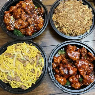 Sesame chicken, pork fried rice, pork lo mein, orange chicken