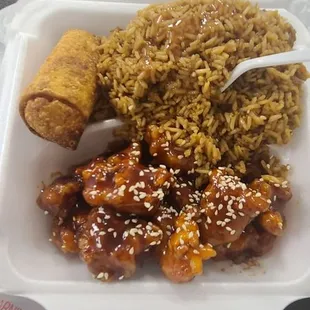 a take out container of food