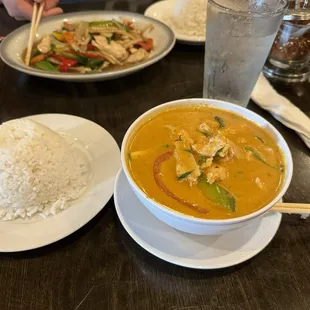 Red curry chicken and spicy basil chicken...AMAZING.  Our new favorite restaurant