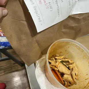 The insides of the soup minus the strained broth and my receipt clearly showing that I ordered shrimp