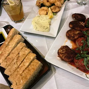 Focaccia, fried mozzarella with meatballs, Parmesan Shrimp*