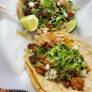 Tacos (top - chorizo, bottom - al pastor)