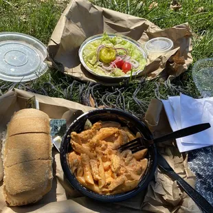 Penne Vodka Lunch, chips salad, and bread