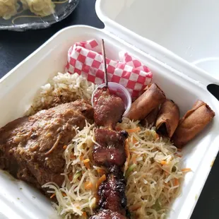 Chibog platter: adobo, pancit, lumpia, bbq skewer, turon