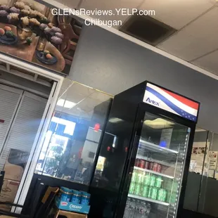 Restrooms to the left and register to the right.