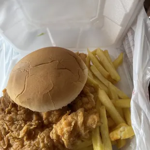 ows a chicken sandwich and french fries