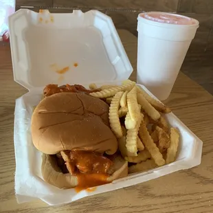 World Famous Chic-A-Loe sandwich w/ fries and a a lemonade
