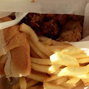 Liver &amp; gizzard snack. Soft roll &amp; crisp fries.