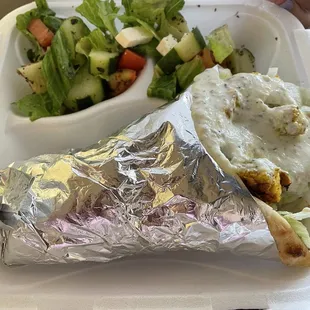 Chicken gyro with Greek salad.