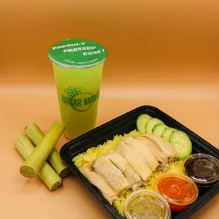 "GGG" combo 
Hainan Chicken Rice &amp; Any 12oz Sugar Cane