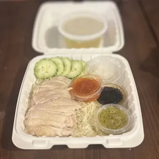 SIGNATURE COMBO w/SKIN: Slow Poached Dark Meat Over Jasmine Rice w/3 Dipping Sauces, Pickled Radish &amp; Soup | $14.98