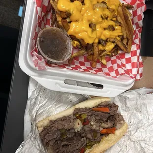Italian beef w/ peppers and au jus on the side &amp; large cheese fries
