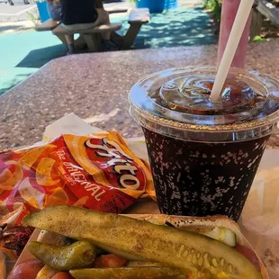 Chicago Dog, Fritos and Dr. Pepper.
