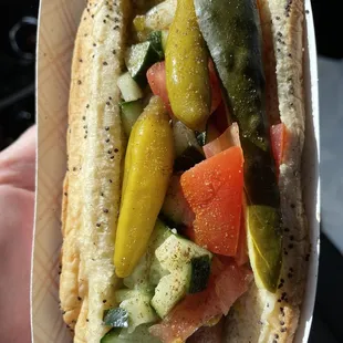 Gently loaded, regular size Chicago Dog. It was delicious!  My 1st trip back after 30+ years. Everyone was eating in their cars.
