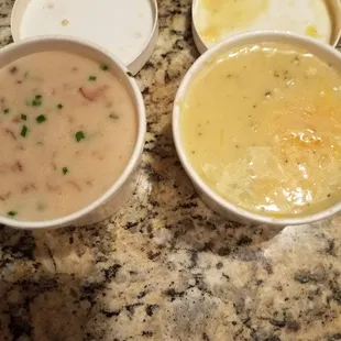 Left, Loaded Baked Potato with Bacon Soup.  RIght, very cheesy Broccoli Cheese Soup.