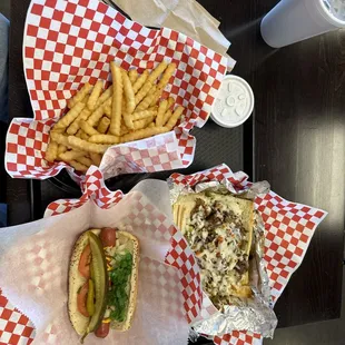 Italian Beef Sandwich, Chi Town Classic Hot Dog, Fries