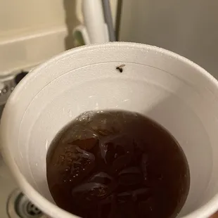 Sweet tea with a bug inside the cup.