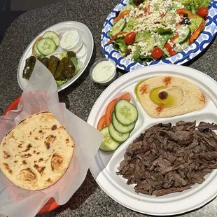 DOLMAS ( 6 PCS), STEAK &amp; HUMMUS PLATE, GREEK SALAD