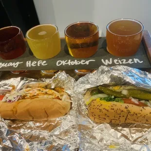 Chicago dog, red with chili and slaw, and flight from the brewery.