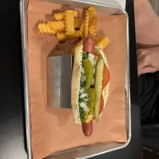 Chicago style dog served on hot dog platform. Note poppy seed bun, natural casing, neon relish and sport peppers.