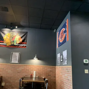 Dining room with wrinkly flags.