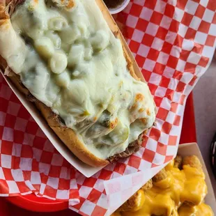 Big beef with mozzarella and hot peppers plus cheese tots