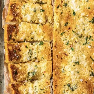a pan of garlic bread