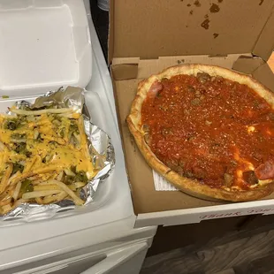 Green Chile Cheese Fries and All Meat True Chicago Pizza