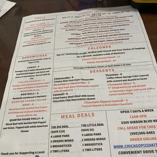 here is the menu, back side