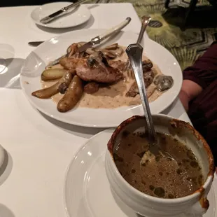 Pan Seared Chicken with fingerling potatoes and herb sauce. Onion soup - what was left!