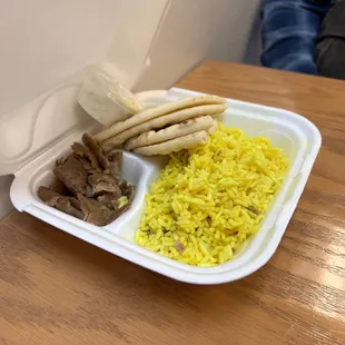 Gyro plate, double rice and pita.