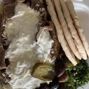 Gyro platter with Tabouli and kalamata olives. Delicious!