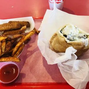 a hot dog and french fries