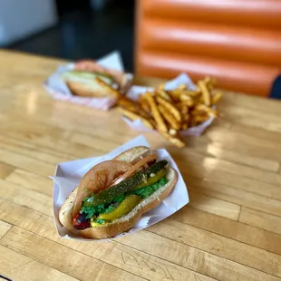 a hot dog and french fries