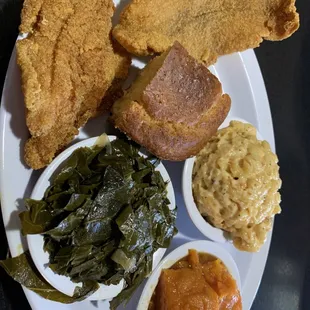 Fried Catfish Dinner with greens Macaroni &amp; Cheese and Yams