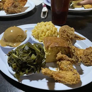 Soul Food Chicken White w/mac &amp; cheese, collard greens, and cornbread dressing.