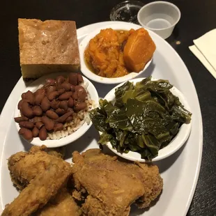 Cornbread,Collard Greens,Cajun Red Beans &amp; Rice, Yams, Fried Chicken Dinner Dark Also had Nikki&apos;s Strawberry Lemonade