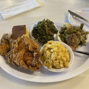 Soul Food Special with Mac and cheese, collard greens and string beans w/ potatoes.