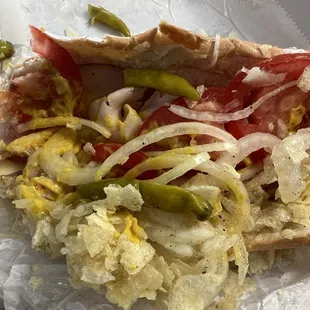 Herb Kent Hoagie: Turkey, cheese, mayo, onions, tomatoes, hot sports peppers, lime potato chips, and yellow mustard!