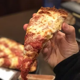 a hand holding a slice of pizza